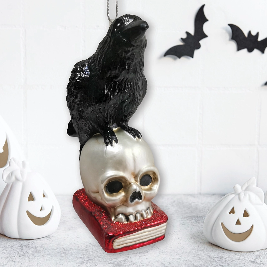 Raven on Skull Glass Christmas Ornament